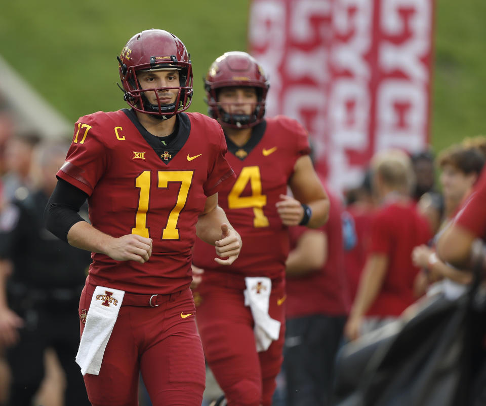 Iowa State quarterback Kyle Kempt runs out on the field before an NCAA college football game against South Dakota State, Saturday, Sept. 1, 2018, in Ames, Iowa. (AP Photo/Matthew Putney)