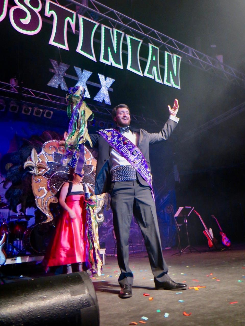 Krewe of Justinian XXX Prince Thomas Hathaway greets the revelers at the Justinian Grande Bal.