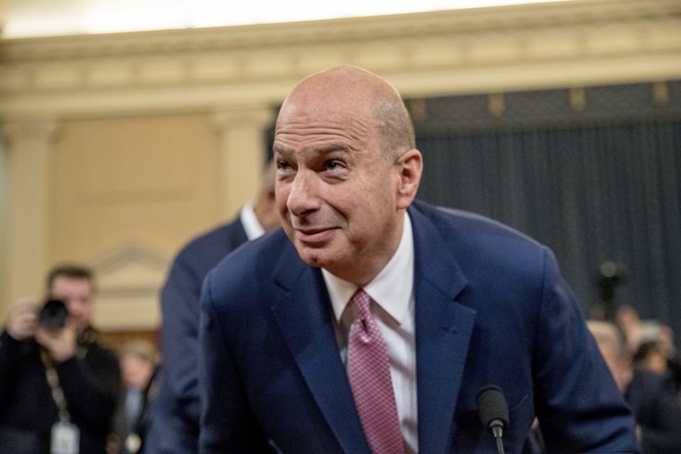 Ambassador Gordon Sondland, U.S. Ambassador to the European Union, arrives to testify before the House Intelligence Committee on Capitol Hill in Washington, Wednesday, Nov. 20, 2019, during a public impeachment hearing of President Donald Trump's efforts to tie U.S. aid for Ukraine to investigations of his political opponents. (AP Photo/Andrew Harnik)