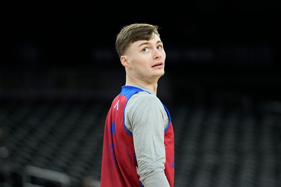 Kansas guard Christian Braun warms up during a practice at the Final Four of the NCAA tournament on April 1, 2022, in New Orleans.