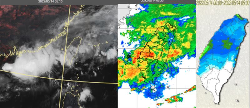 圖：今(14日)晨5：10真實色雲圖顯示，滯留鋒的雲系移入台灣(左圖)；5：20雷達回波合成圖顯示，伴隨降水回波(中圖)；5時累積雨量圖顯示，降雨範圍已擴大至台南(右圖)。