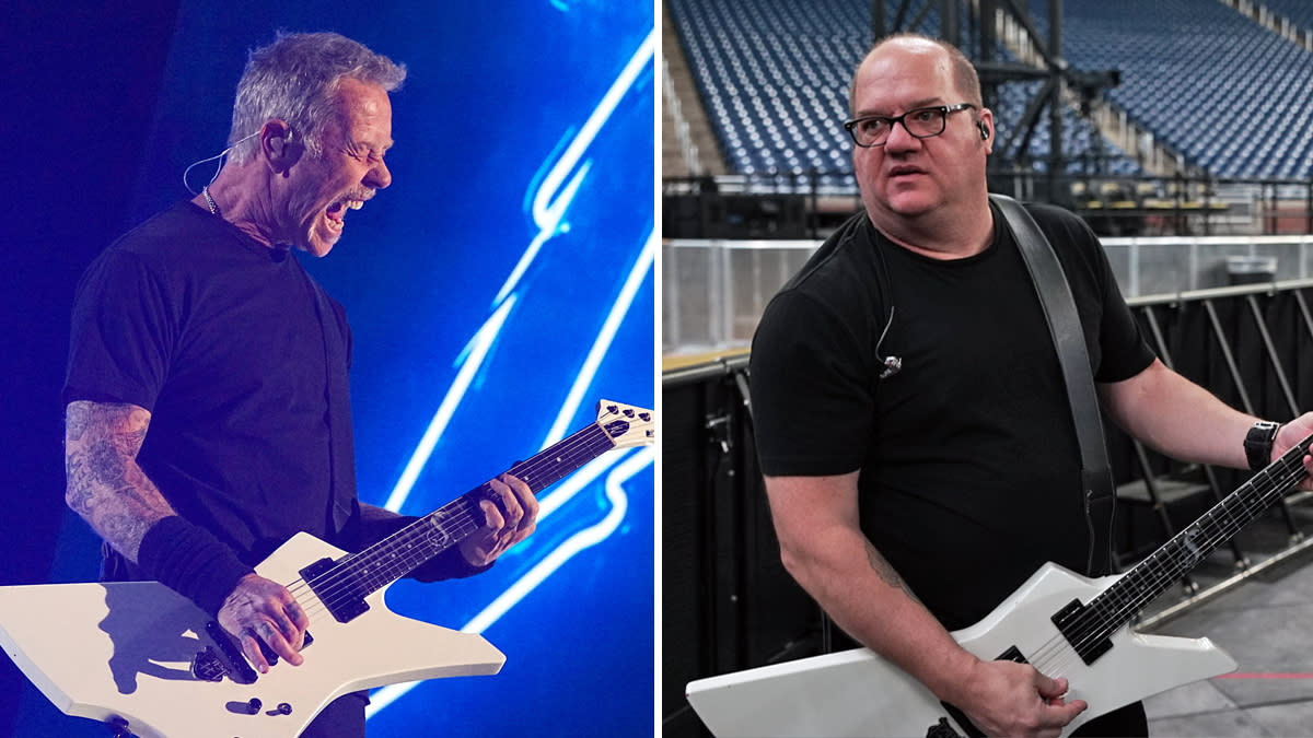  James Hetfield and Chad Zaemisch with an ESP Snakebyte electric guitar. 