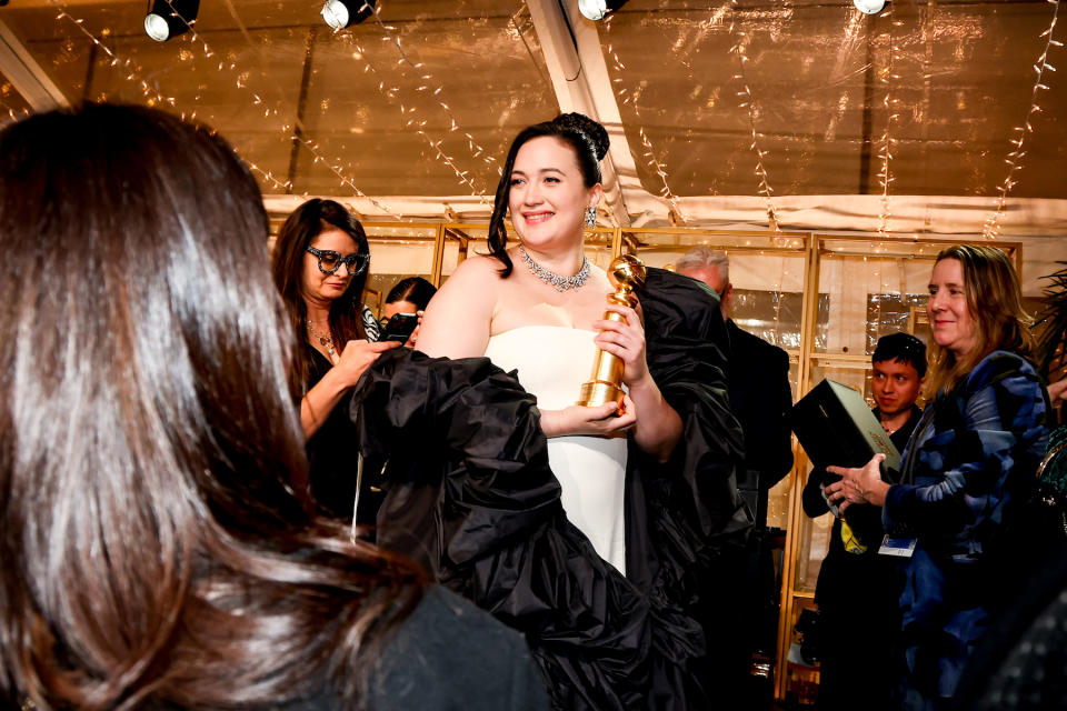 Lily Gladstone at the viewing party for the 81st Golden Globe Awards held at the Beverly Hilton Hotel on January 7, 2024 in Beverly Hills, California. (Photo by Tommaso Boddi/Golden Globes 2024/Golden Globes 2024 via Getty Images)