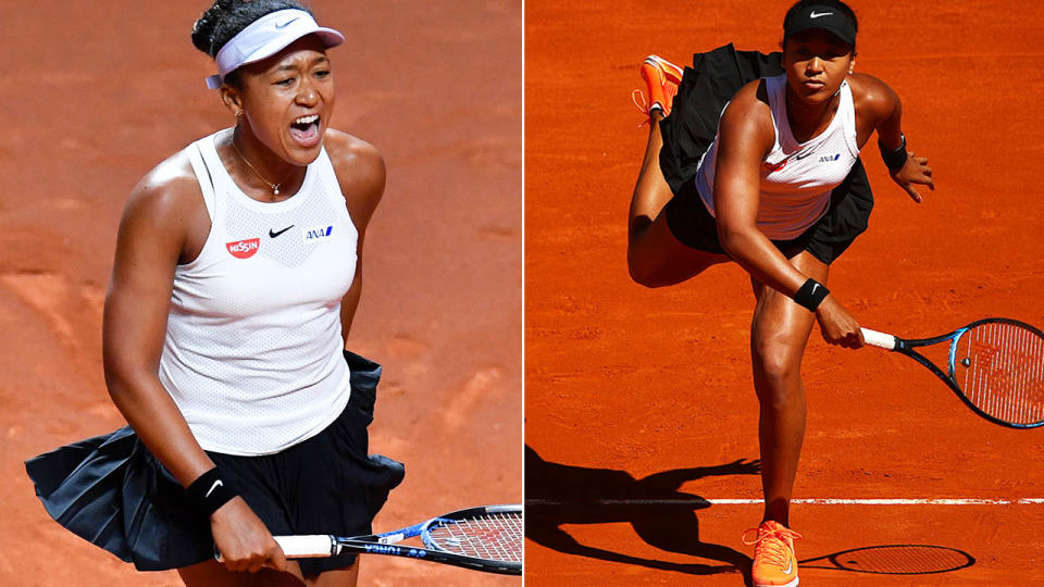 Naomi Osaka sporting three different sponsors’ logos. Image: Getty