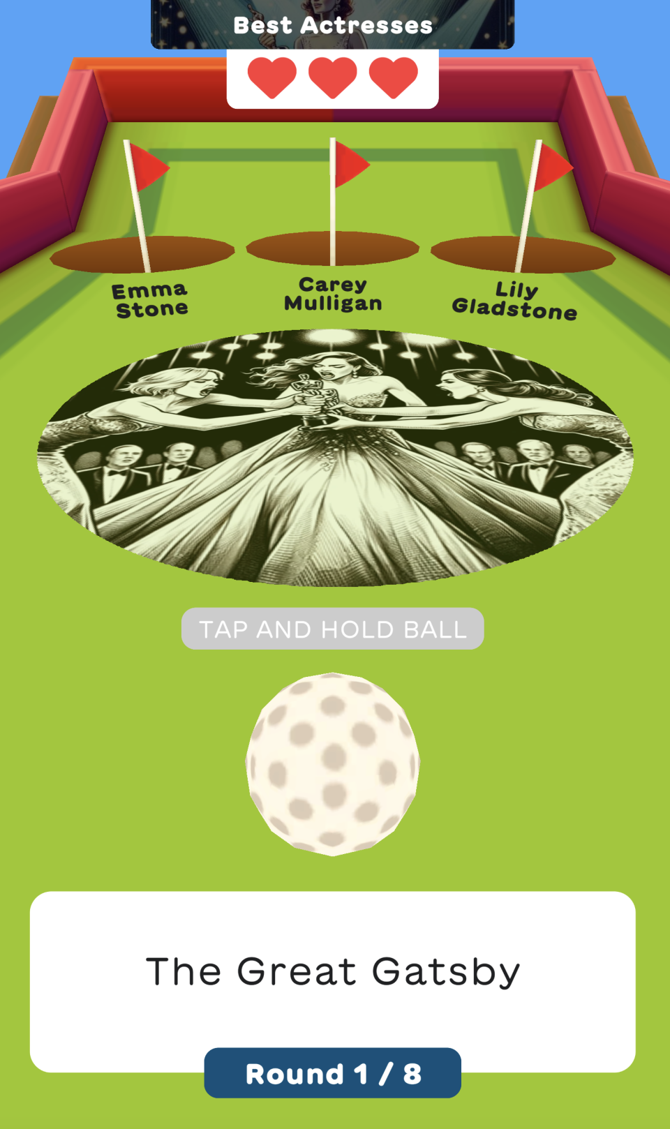 Mobile game screen with a pinball layout featuring "The Great Gatsby," and options Emma Stone, Carey Mulligan, Lily Gladstone