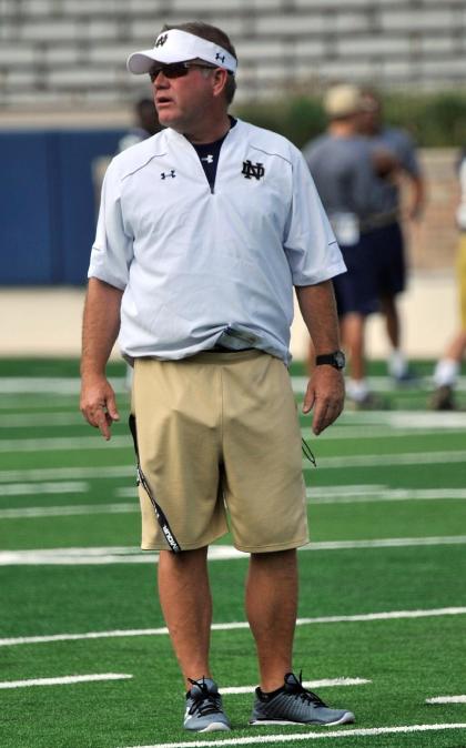 Notre Dame coach Brian Kelly talks to his players at practice. (AP)