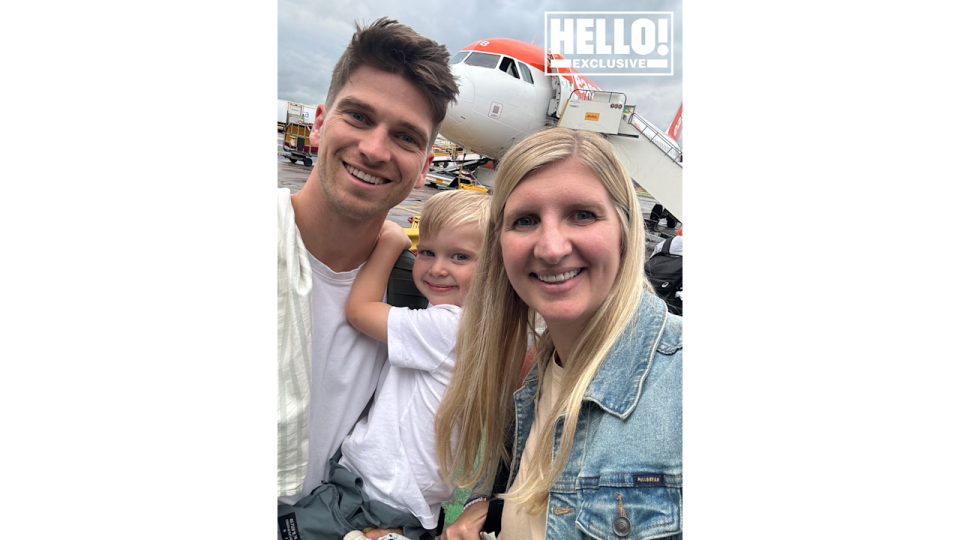 Rebecca Adlington with her husband Andy and their son Albie standing in front of plane boarding to Paris