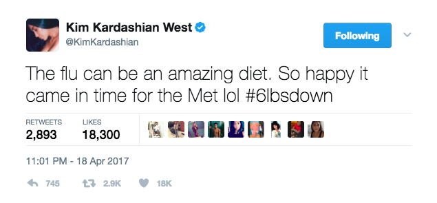 Kim Kardashian called the flu an 'amazing diet' in a now deleted tweet on Tuesday. 