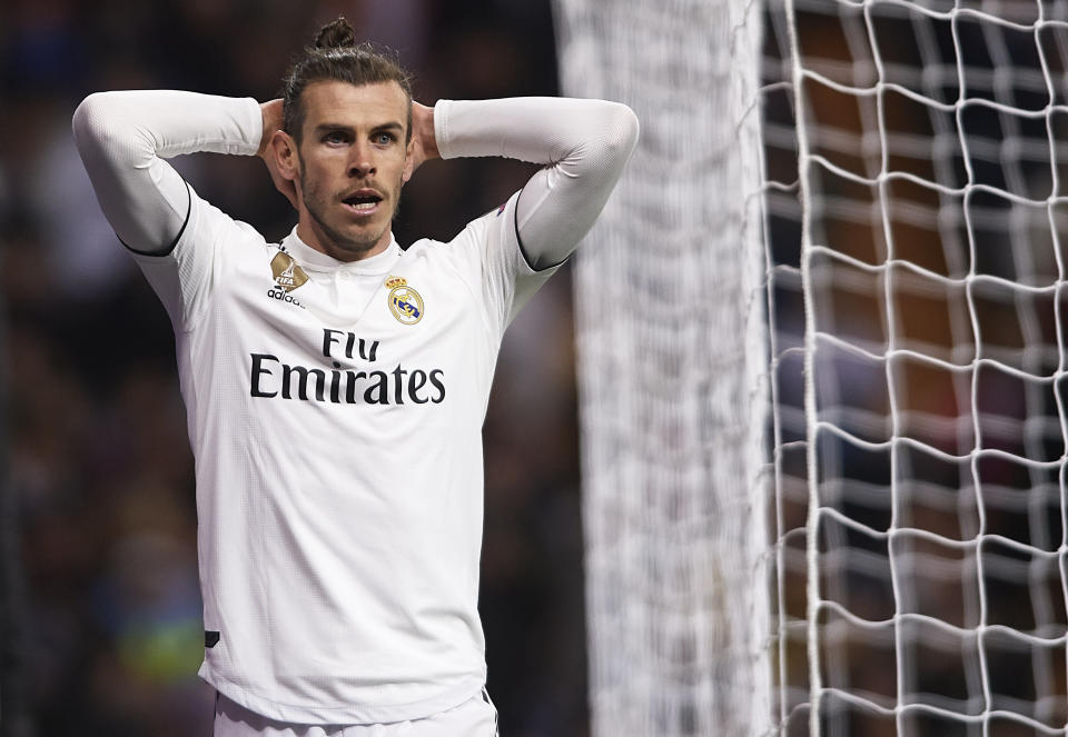 MADRID, SPAIN - MARCH 05: Gareth Bale of Real Madrid reacts during the UEFA Champions League Round of 16 Second Leg match between Real Madrid and Ajax at Bernabeu on March 05, 2019 in Madrid, Spain. (Photo by Quality Sport Images/Getty Images)