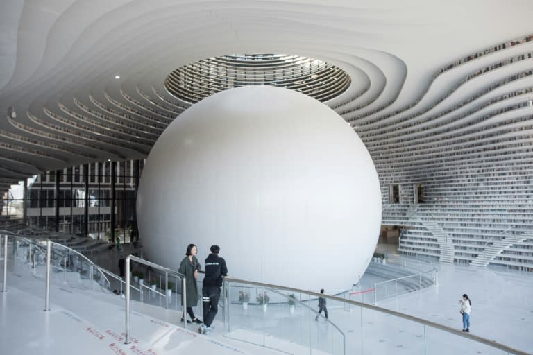 The architecture of the new library has wowed visitors, but rows of book spines are mostly images printed on the aluminium plates