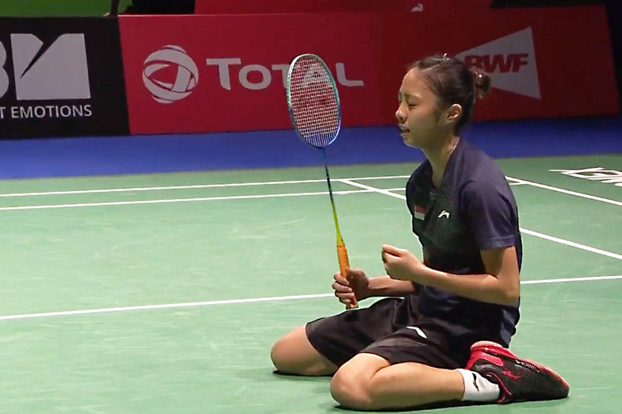 (SCREENSHOT: Yeo Jia-Min after scoring the winning match point against  Vietnam’s Vu Thi Trang at the Badminton World Championships on 22 August 2019)