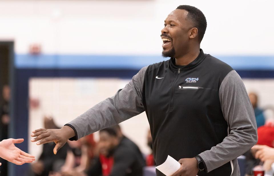 CVCA’s head coach Matt Futch reacts to a play during a Division II district semifinal vs. Shaw, Thursday, March 2, 2023, at Louisville.