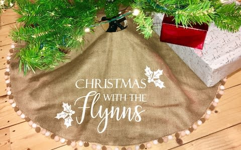 Peppermint Fizz Personalised Burlap Christmas Tree Skirt - Credit: Etsy