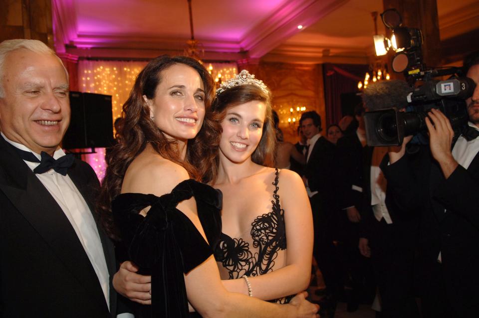 American actress Andie McDowell is pictured with her daughter Rainsford Qualley during her Le Bal debut in 2005.