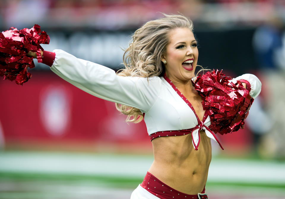 <p>A cheerleader performs during the NFL football game between the Tennessee Titans and the Arizona Cardinals on December 10, 2017, at the University of Phoenix Stadium in Glendale, AZ. (Photo by Carlos Herrera/Icon Sportswire via Getty Images) </p>