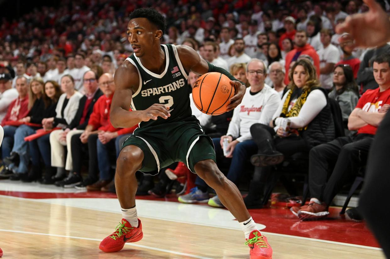 Michigan State guard Tyson Walker looks too move the ball during the first half of MSU's 61-59 win on Sunday, Jan. 21, 2024, in College Park, Maryland.