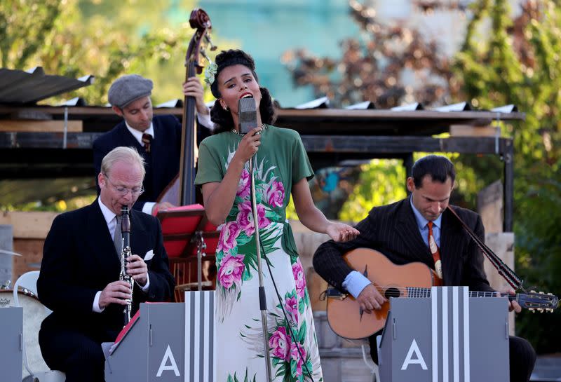 Members of Berlin-based swing band "The Swingin' Hermlins" perform in Berlin