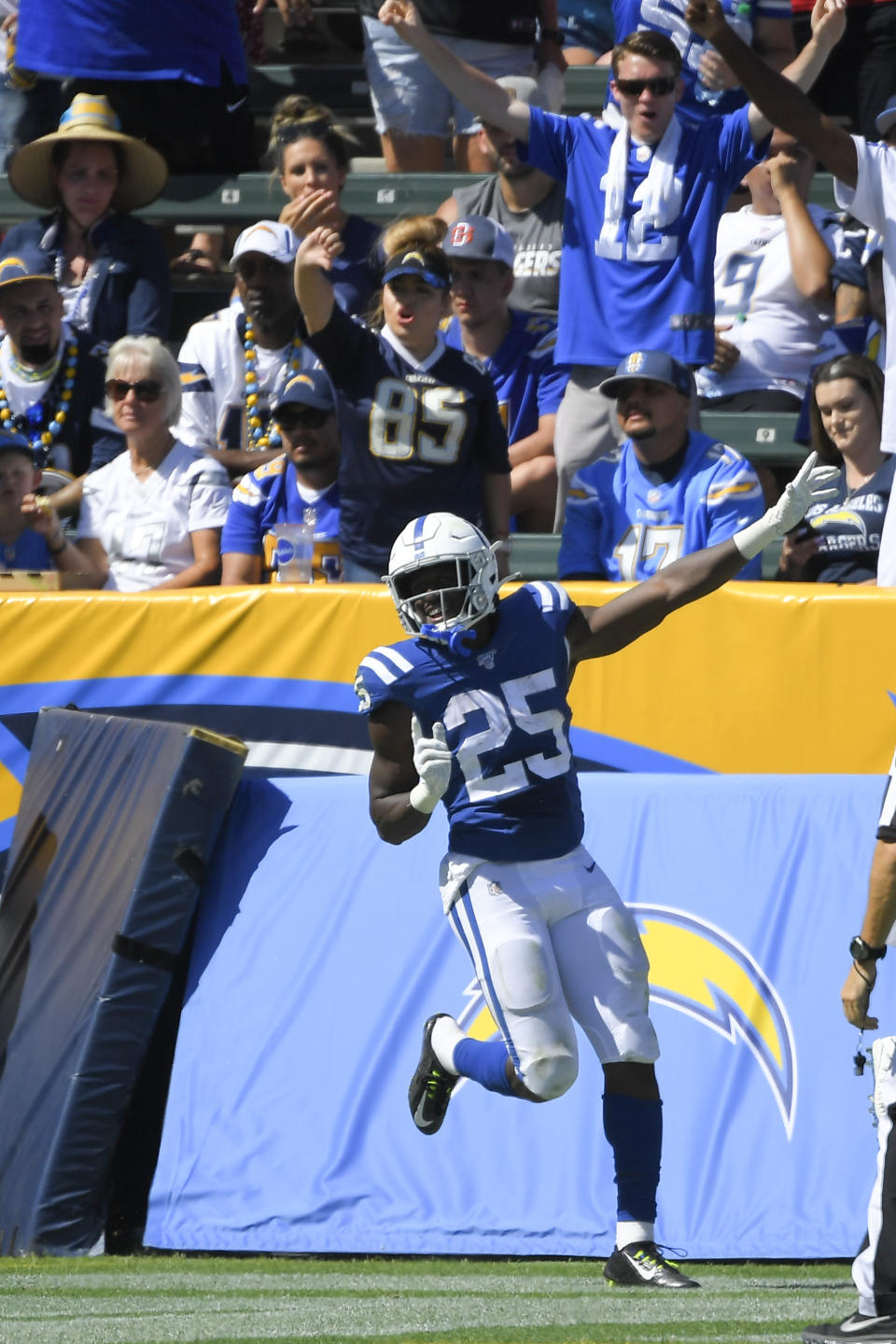 Indianapolis Colts running back Marlon Mack celebrates after scoring during the second half in an NFL football game against the Los Angeles Chargers, Sunday, Sept. 8, 2019, in Carson, Calif. (AP Photo/Mark J. Terrill)