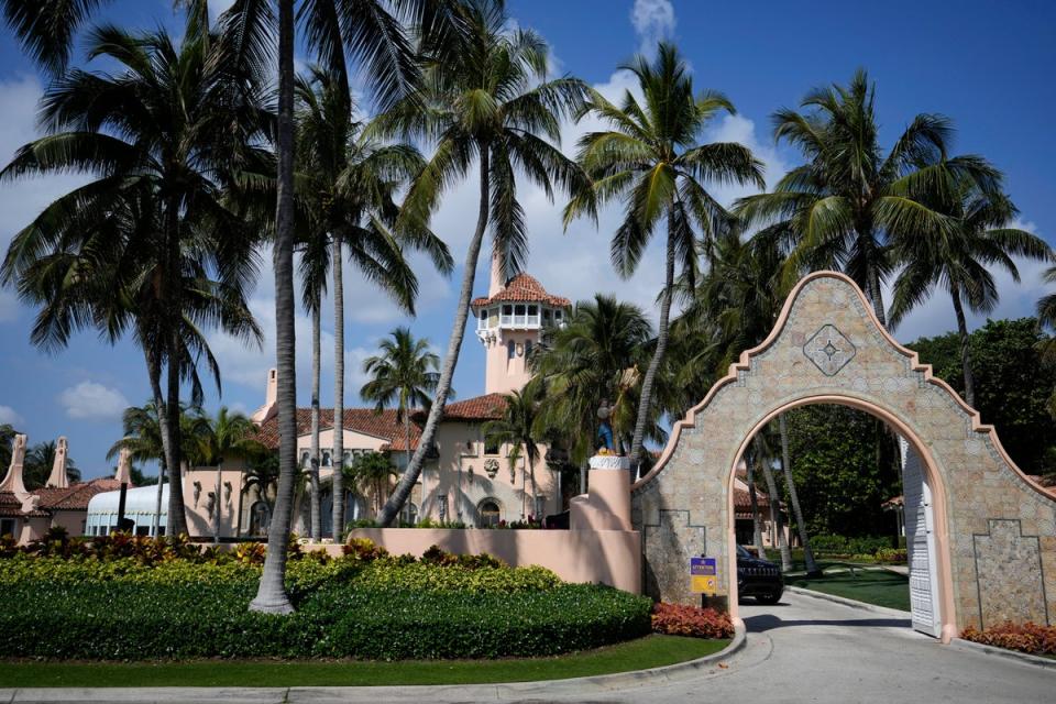 A security car blocks the drive at the entrance to former President Donald Trump’s Mar-a-Lago estate in Palm Beach (Associated Press)