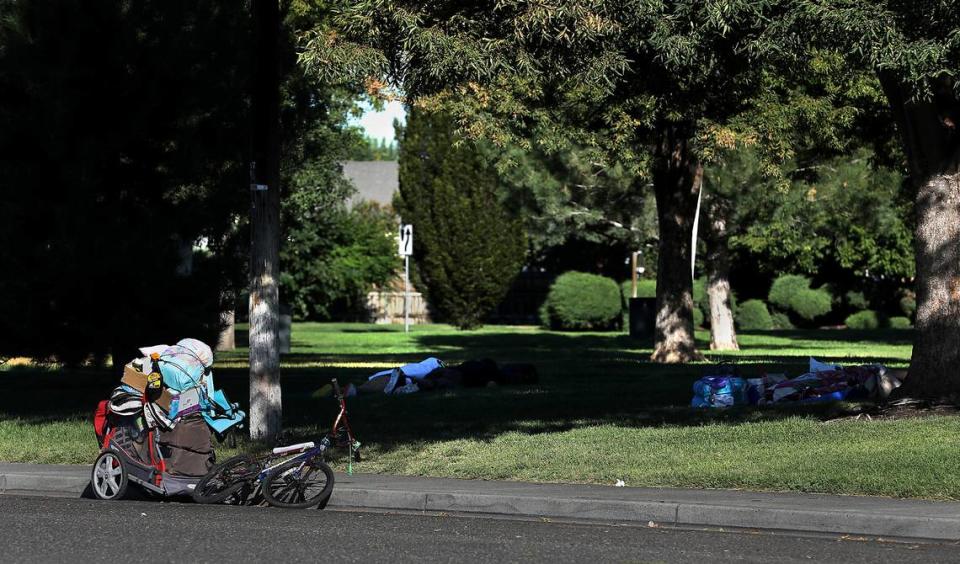 Homeless people sleep in the shade of trees near their belongings in Volunteer Park in Pasco.