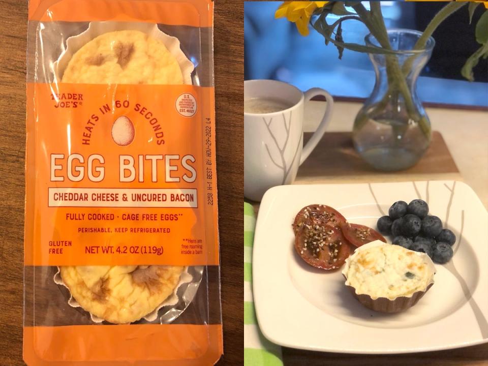 trader joes egg bites next to egg bites and fruit on a plate