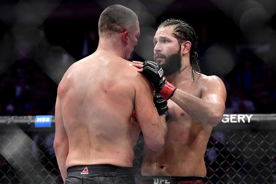 NEW YORK, NEW YORK - NOVEMBER 02: Jorge Masvidal of the United States (R) speaks to Nate Diaz of the United States after he is awarded victory by TKO on a medical stoppage against in the Welterweight "BMF" championship bout during UFC 244 at Madison Square Garden on November 02, 2019 in New York City. (Photo by Steven Ryan/Getty Images)