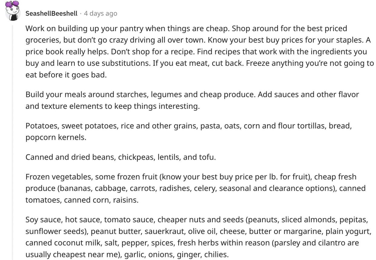 Reddit screenshot about the value of building up your pantry.