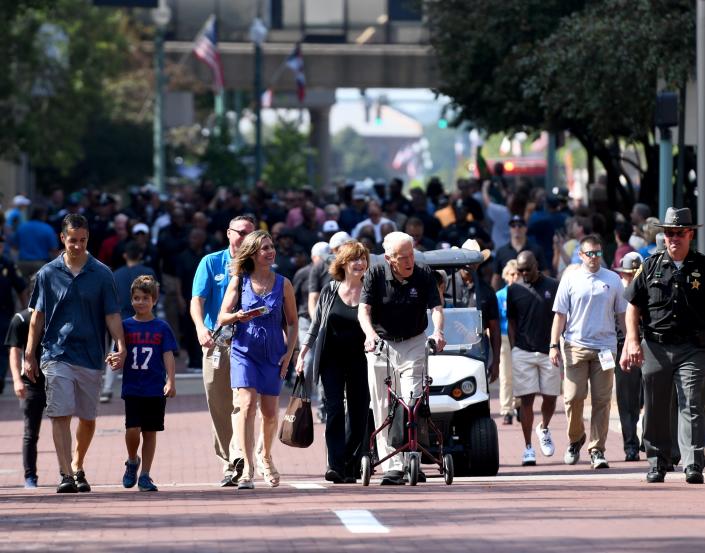 The oldest surviving Hall of Famer Marv Levy leads the 2023 Pro Football Hall of Famer Walk & Photo Op from the DoubleTree by Hilton to Centennial Plaza in downtown Canton.