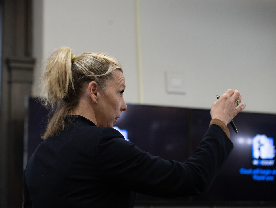 Defense attorney Rhonda Kotnik cross-examines the state's first witness, Kevin Starling, in a trial Friday involving Dacarrei Kinard, 31, of Columbus, who is accused of shooting and killing George Jensen in a 2023 road rage incident along I-76 in Norton.