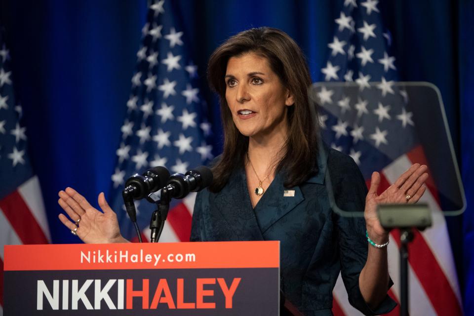 Presidential candidate Nikki Haley delivers a speech at Greenville ONE in downtown Greenville, S.C., on Tuesday, Feb. 20, 2024.