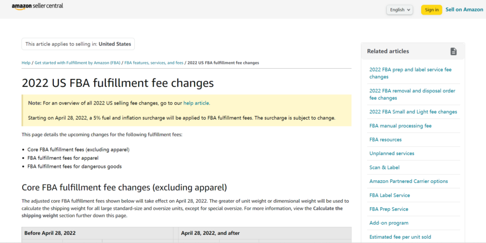 亞馬遜前日在官網宣布，自4月28日起將對已經使用亞馬遜物流服務、包裝和運輸商品的美國第三方賣家徵收5%燃油和通脹附加費，以應對近期原物料成本上漲等問題。   圖：翻攝自亞馬遜官網