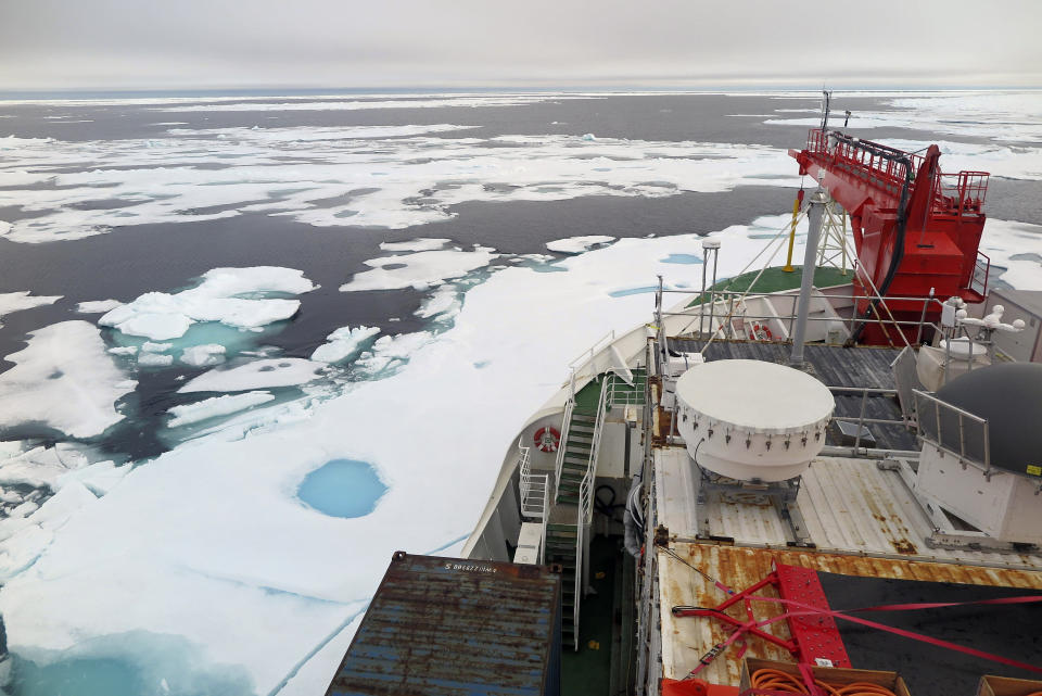 This Aug. 16, 2020 photo provided by Felix Linhardt shows sea ice on the Wandel Sea north of Greenland seen from the German icebreaker Polarstern, which passed through the area as part of the year-long MOSAiC Expedition. This area used to remain fully covered in ice throughout the year. Satellite images show that Aug. 14, 2020, was a record low sea ice concentration for this region, at 50%. (Felix Linhardt/Kiel University via AP)