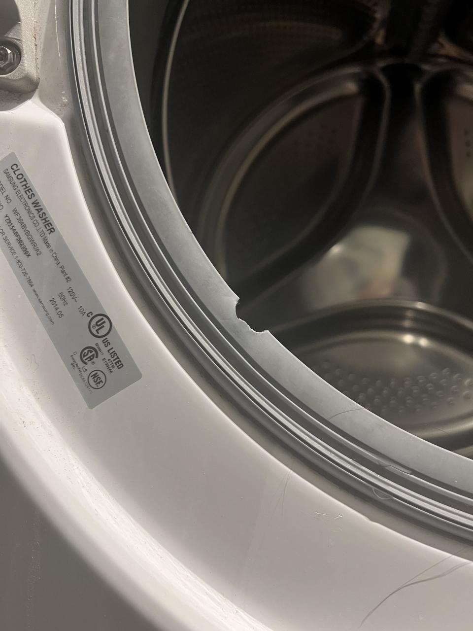 Close-up of a washing machine's open door with a visible care label