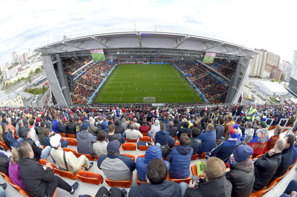 <p>Best seat in the house? The view from the back of the temporary separate stand behind the goal at the Ekaterinburg Arena. (Getty) </p>