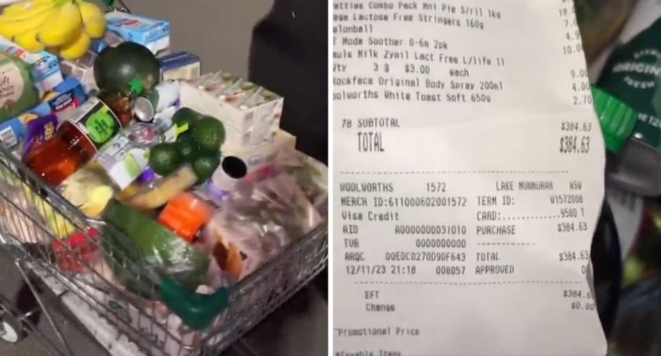 Composite image of Woolworths shopper's trolley of groceries and receipt.