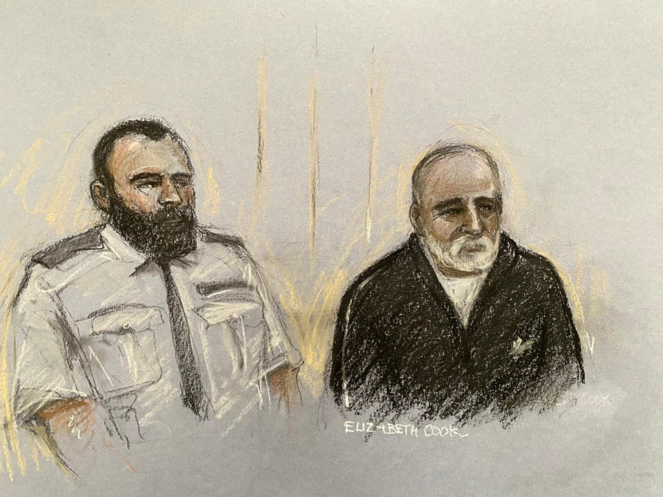 Court artist drawing by Elizabeth Cook of Piran Ditta Khan appearing in the dock at Westminster Magistrates' Court, London, charged with the murder of Police Constable Sharon Beshenivsky in Bradford 18 years ago. Picture date: Thursday April 13, 2023.