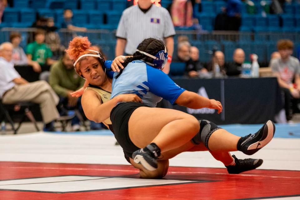 Maize South senior Meya Howell makes a move in her championship match at the Class 6-5A state tournament at Hartman Arena this past Saturday. Howell won her first title after losing in the state finals twice.