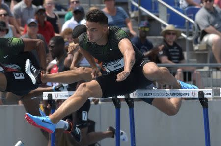 Jun 24, 2018; Des Moines, IA, USA; Devon Allen wins 110m hurdles semifinal in 13.38 during the USA Championships at Drake Stadium. Mandatory Credit: Kirby Lee-USA TODAY Sports