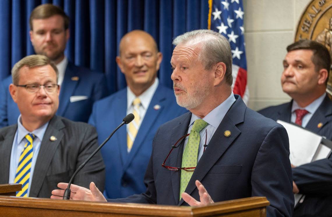 Senate leader Phil Berger outlines what is and isnt in the new proposed budget during a press briefing at the North Carolina General Assembly on Tuesday, June 28, 2022 in Raleigh, N.C.