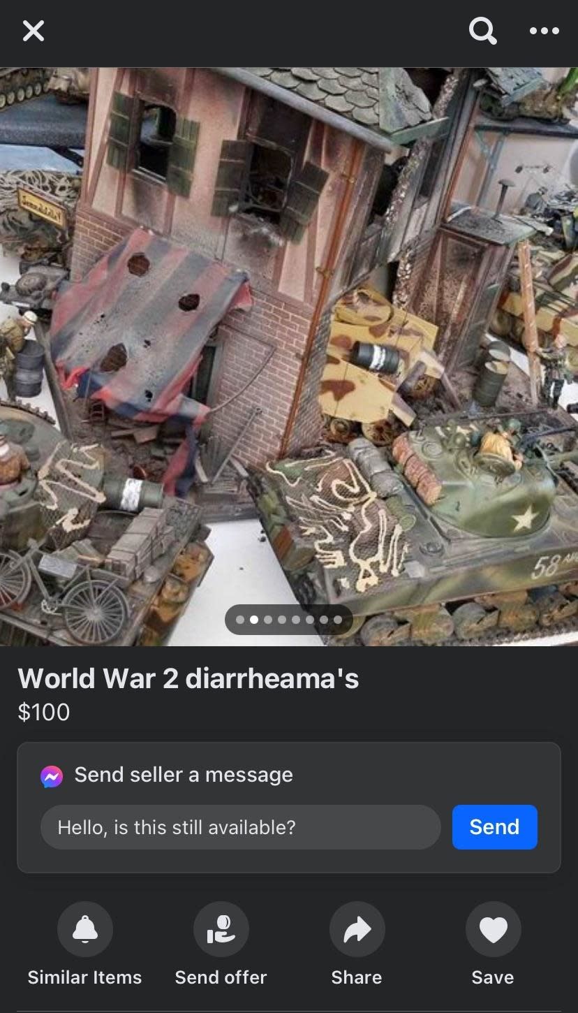 World War II diorama model showing military vehicles and damaged buildings for sale for $100. Listing title contains a spelling error