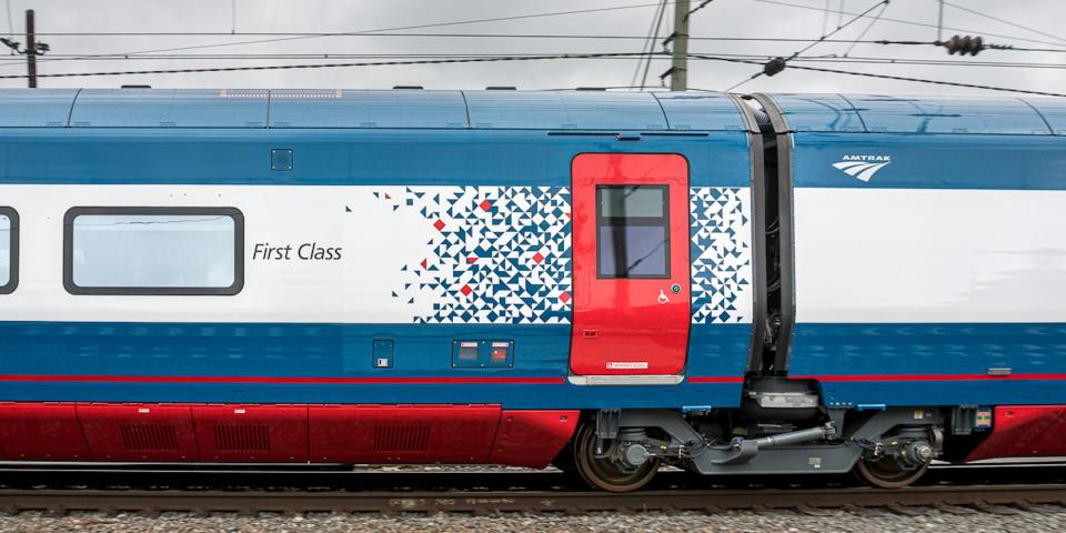 A close up of a train car on Amtrak's Acela fleet testing on the Northeast Corridor's tracks