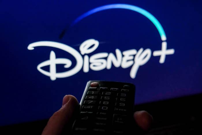 A hand holds a remote control in front of a TV screen displaying the Disney+ logo. The image implies watching content on the Disney+ streaming service