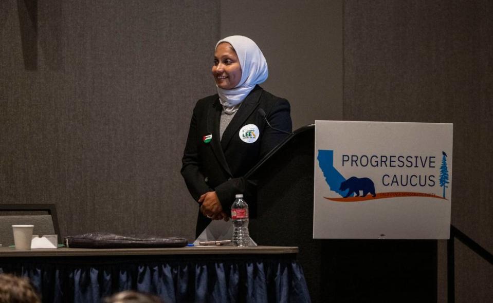 Fatima Iqbal-Zubair, chair of the Progressive Caucus, talks at the California Democratic Party state endorsing convention on Friday, Nov. 17, 2023, at SAFE Credit Union Convention Center in Sacramento.