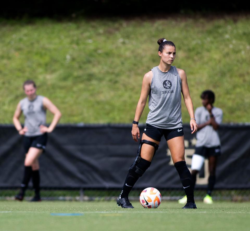 FSU senior defender/midfielder Clara Robbins (26) practices on Friday, Aug. 12, 2022 in Tallahassee, Fla. 