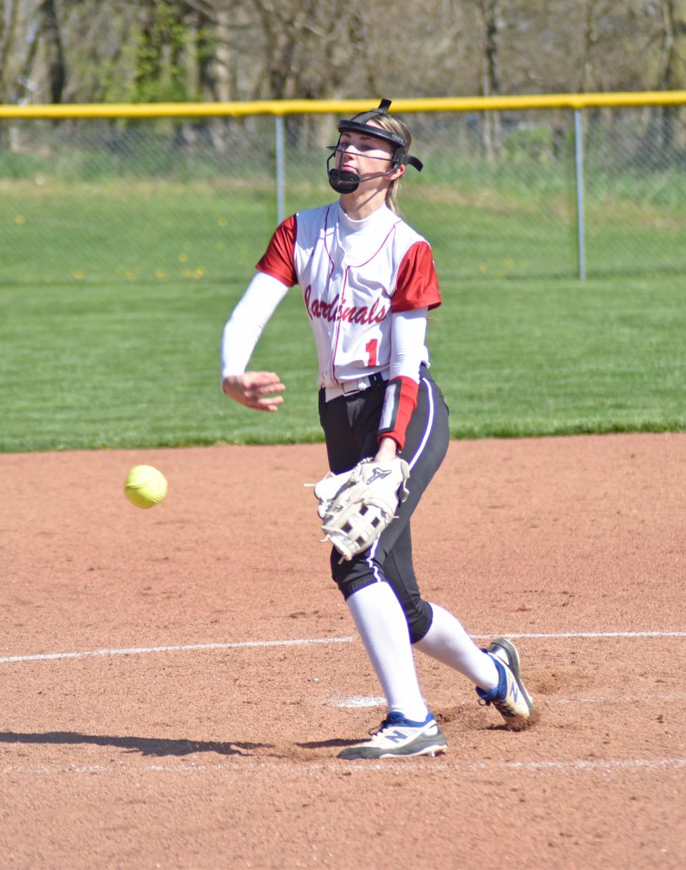 Mya Porter, shown here on the mound, went deep in Coldwater's game two win over Parma Western