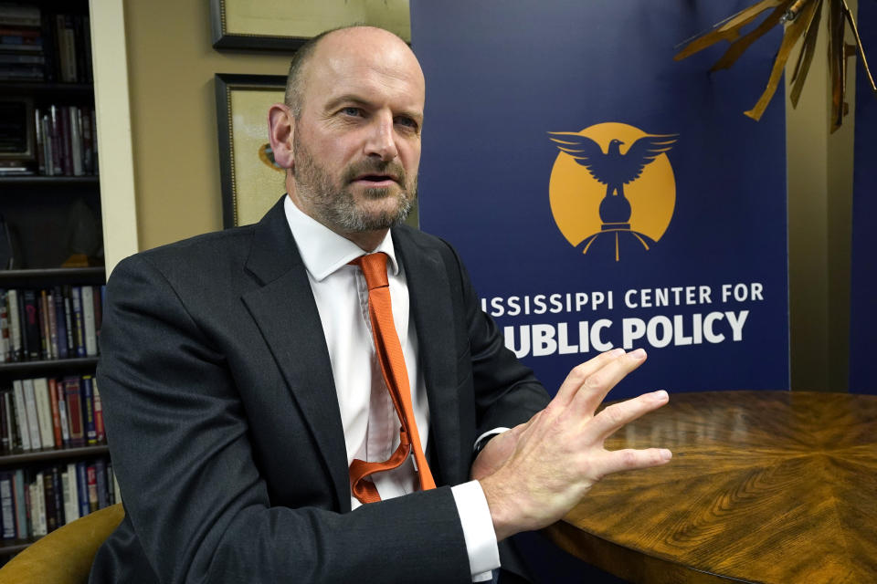 Douglas Carswell, a former member of Parliament in Britain for 12 years, and new President and CEO of The Mississippi Center for Public Policy, speaks of his duties at the free-market, conservative think tank based in Jackson, Miss., Thursday, Jan. 6, 2021. (AP Photo/Rogelio V. Solis)