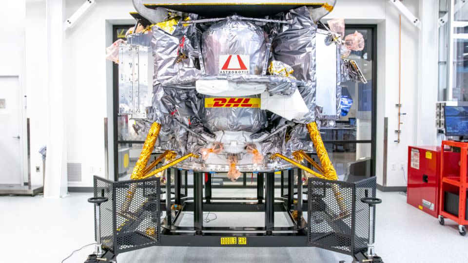 The Peregrine spacecraft is seen in Astrobotic Technology's clean room before shipment to Florida. - Astrobotic Technology