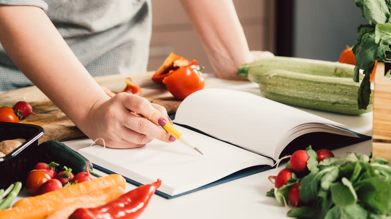 Chef reading cookbook