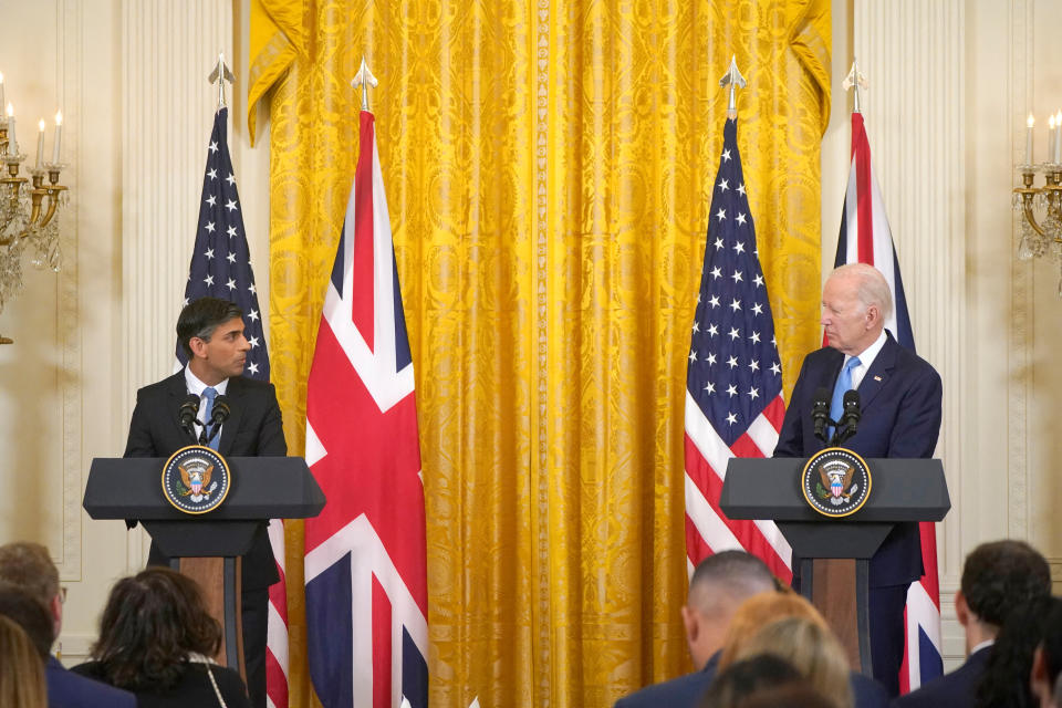 British Prime Minister Rishi Sunak and U.S. President Joe Biden take part in a joint press conference in the East Room of the White House, in Washington DC, U.S., June 8, 2023. Niall Carson/Pool via REUTERS