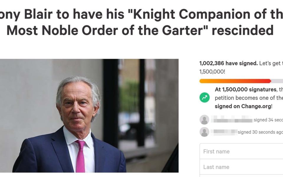 The petition calling for Sir Tony Blair's knighthood to be revoked after it reached one million signatures - Change.org/PA Wire